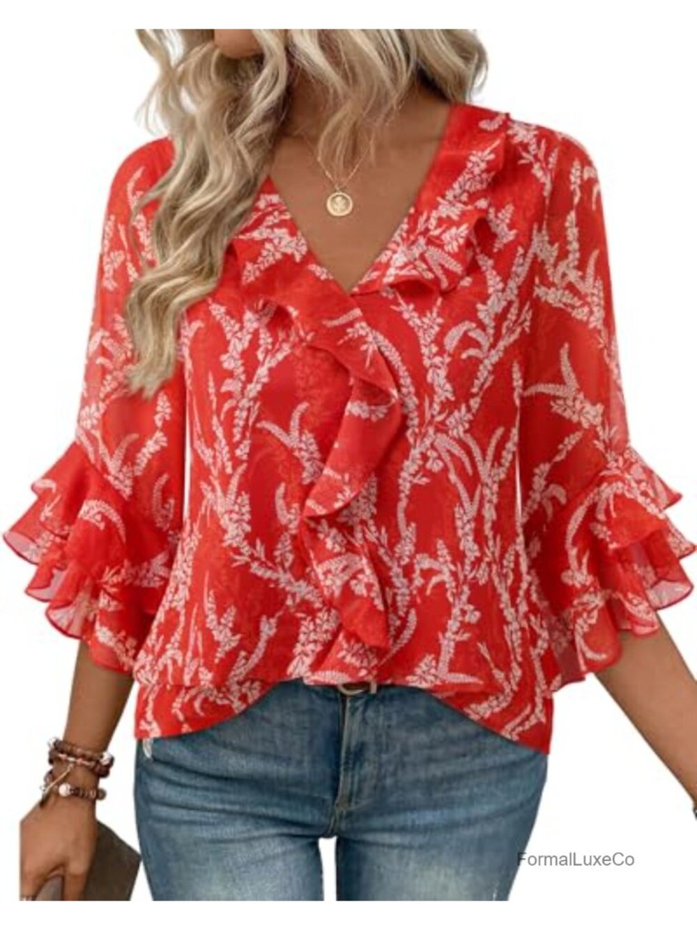 Womens Dressy Casual Chiffon Blouse 3/4 Sleeve V Neck Ruffle Top Work Shirt